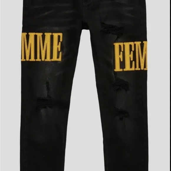Homme Femme Letterman Denim Black With Yellow Letters - Picture 3 of 10